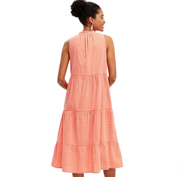 *NWOT* LOFT Sleeveless Tie Neck Tiered Midi/Maxi Dress, Coral Swiss/Clip Dot - Picture 3 of 11
